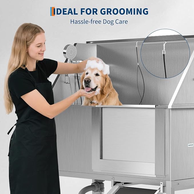 Garvee 50in Stainless Steel Dog Washing Station with Ramp Pet Grooming Tub | 330lb weight capacity, triple splash baffles, removable drain grate, adjustable platform