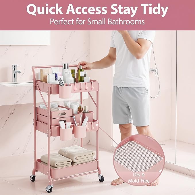 Amatic 3-Tier Folding Rolling Utility Cart with Wheels, Foldable Storage Cart Organizer with 3 Hanging Cups & 6 Hooks for Kitchen, Office, Living Room, Nursery(Pink)