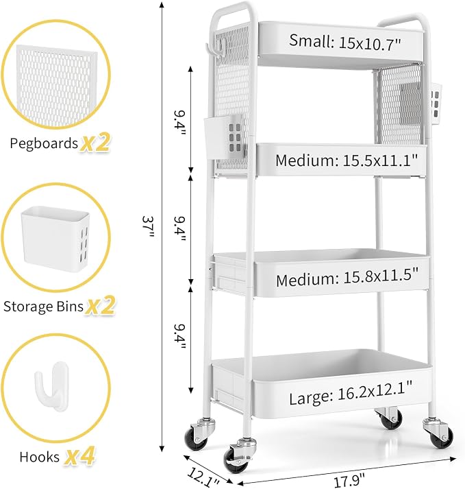 TOOLF 4 Tier Rolling Cart, Metal Utility Storage Cart with Pegboard, White | 2 Bins & 4 Hooks, Screwless Assembly, Lockable Wheels, Trolley Organizer for Bathroom, Kitchen, Office, Dorm, Craft Room