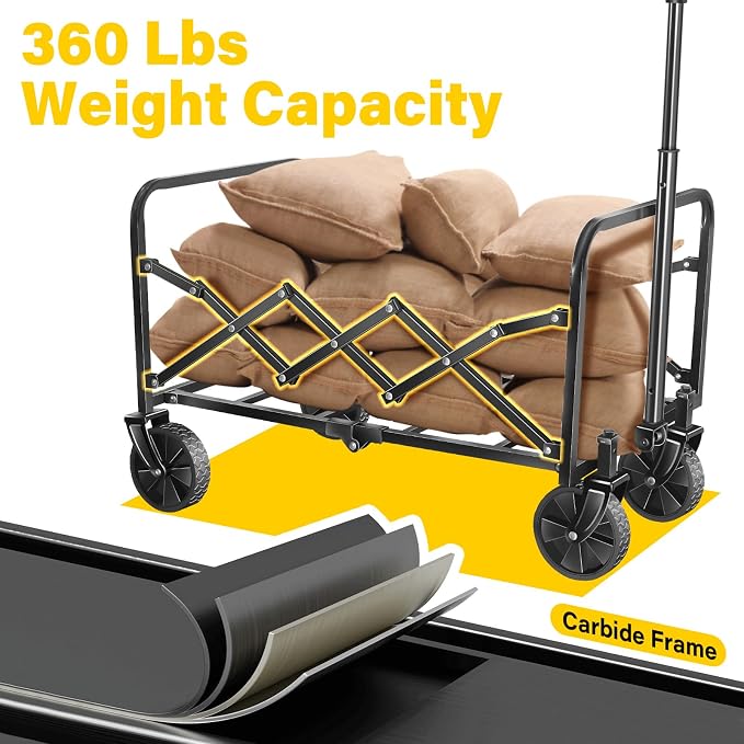 Collapsible Wagon Cart with Wheels, Compact 360 lb Folding Cart,Pitch Black | Portable utility wagon for groceries, shopping, camping, garden, sports, picnics, laundry, apartment errands and small hauls