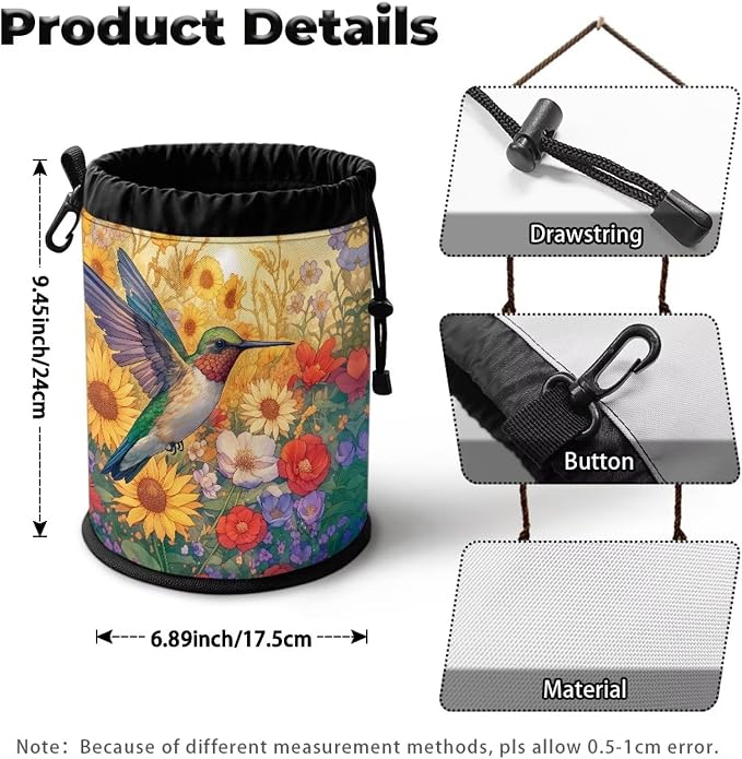 Hummingbird Floral Laundry Peg Bag with Drawstring, Clothespin Organizer Pouch with Hanging Loop, Portable Storage for Clips, Perfect for Drying Rack, Camping, Dorm Room