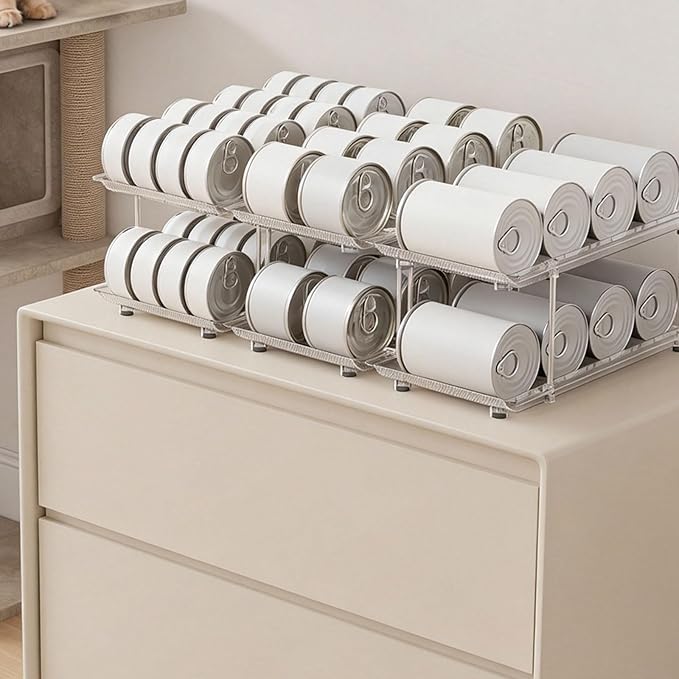 Can Organizer Rack, Double | Clear PET Kitchen Storage Shelf with Tiered Open-Front Access, Vertical Cabinet Countertop Use