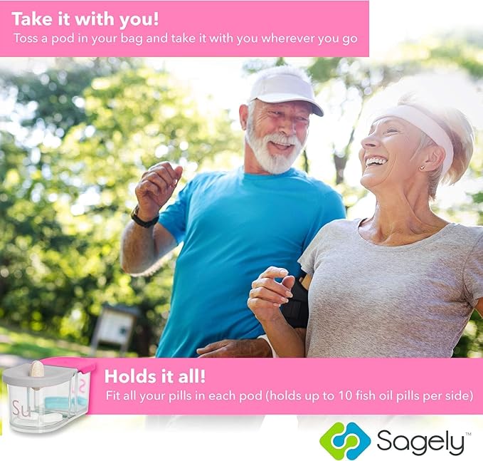 Sagely XL Pill Organizer, Weekly Pill Box, Cute Durable Magnetic Removable Pods, Easy to Use, Spill Proof, Extra Large Enough to Fit Fish Oil, Cod Liver Oil, Supplements & Vitamins (Pink/Gray)