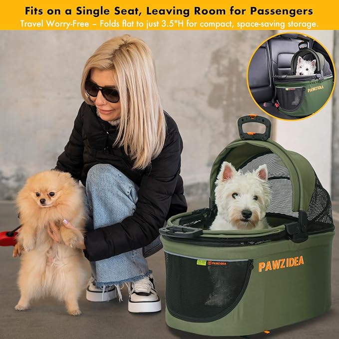 PAWZIDEA Portable Small Dog Crate for Car Travel Up to 33lbs, No-Zip Canopy | Enclosed Dog Car Seat Escape-Proof, Soft-Sided Small Medium Puppy Cats Car Kennel, Foldable Pet Carrier by Seatbelt, Top-Load