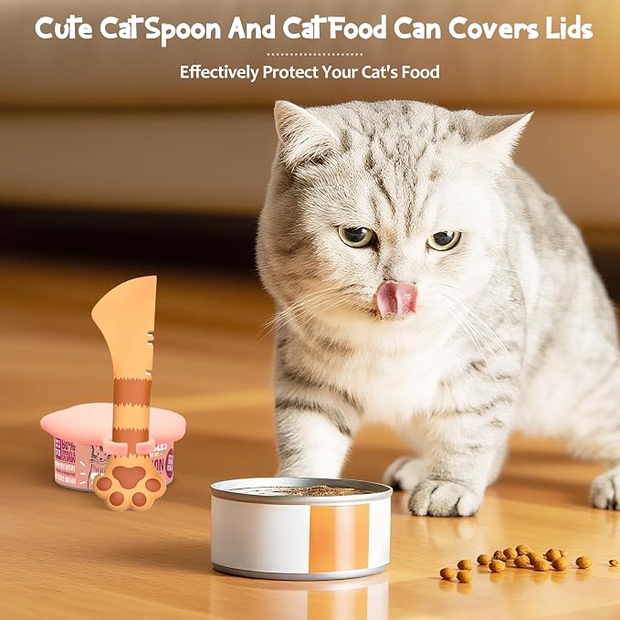 Kerros Cat Food Can Covers with Spoon, Silicone Pet Can Lids | Silicone Pet Food Can Lids with Cute Paw Spoon, for Cat and Dog Wet Food Cans, Storage and Serving