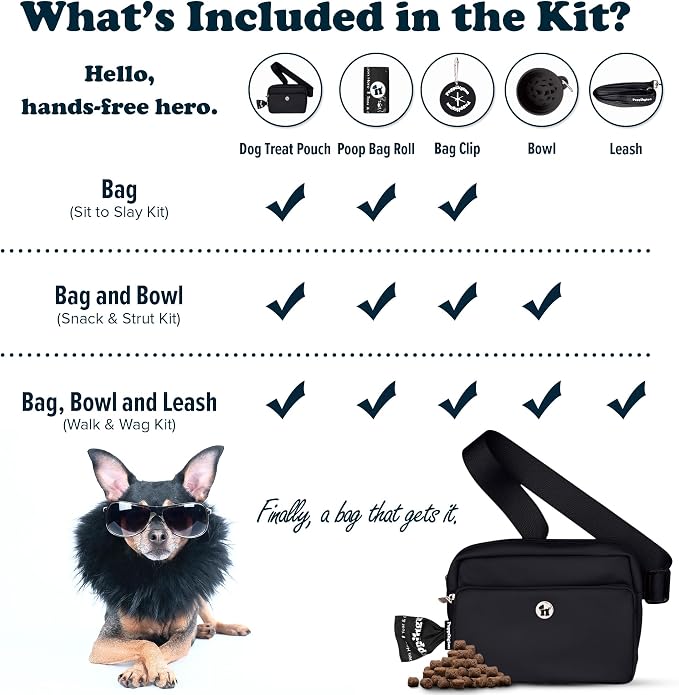 Puppington 3-in-1 Crossbody Dog Treat Pouch for Pet Training - Compostable Poop Bags, Built-In Poop Bag Dispenser, Slow-Feeding Travel Dog Bowl & Reflective Leash - Dog Walking Bag (Onyx Black)