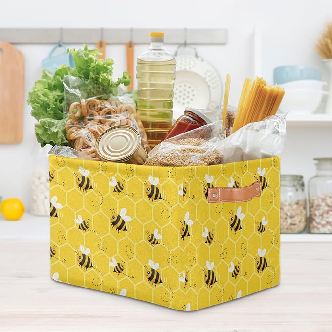 AUUXVA Storage Basket Yellow Bee Storage Cube Box Set of 2 Durable Canvas Collapsible Toy Basket Honeycomb Beehive Organizer Bin with Handles for Shelf Closet Bedroom Home Office