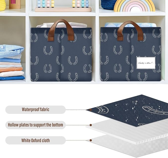 Navy Blue Bg Simple Horseshoe Storage Basket Foldable Cube Storage Bins with Handles&Label Waterproof Collapsible Organizer Box Bin Large Rectangle Decorative Baskets for Shelves Home Room Laundry