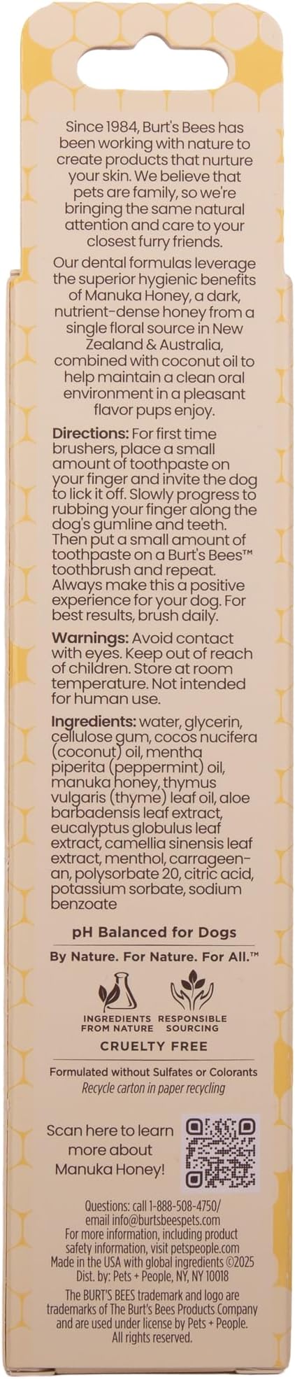 Burt's Bees for Pets Toothpaste for Puppies with Manuka Honey and Coconut Oil for Gum Health & Tartar Control, 99.1% Natural Origin Formula, Peppermint Flavor, 2.5 oz