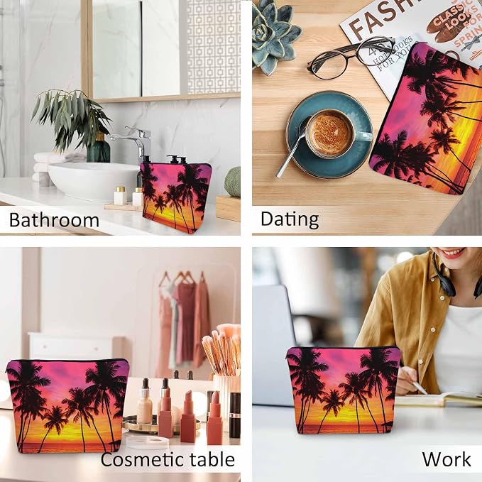 Tropical Beach Makeup Bags Makeup Organizer, Hawaii Ocean Beach Palm Trees Sunset Flax Toiletry Bags Travel Cosmetic Bag Makeup Purse Pouch Skincare Bag Wallet Bags For Women Female Mom