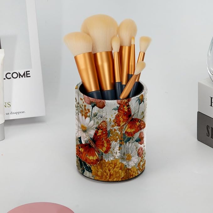 Butterflies on the Wooden Board Pen Holder, Pencil Cup Marker Brush Holder Desk Storage Case, Desktop Organizer for School Office Home Supplies
