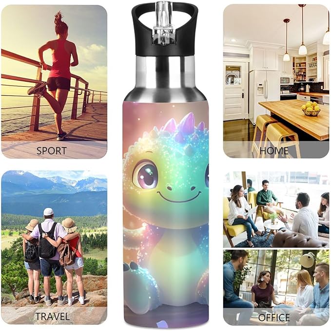 Swing Dinosaur Water Bottle with Straw Lid Kids Insulated Stainless Steel Water Flask Sports, 20 Oz Hot Cold