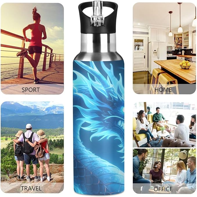 Dragon Blue Lightning Water Bottle with Straw Lid Kids Insulated Stainless Steel Water Flask Sports, 20 Oz Hot Cold