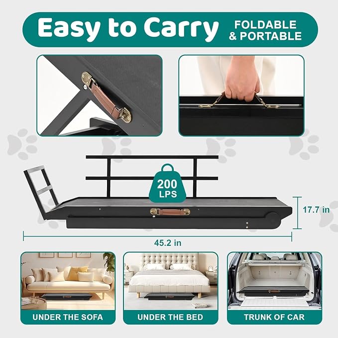 Dog Ramp for Bed & Couch, Foldable Wooden Pet Ramp, 5 Adjustable Heights | Height up to 23.5", Portable Dog Ramp with Non-Slip Rubber Surface & Safety Railings, Pet Ramp for Small, Large, Senior Dogs