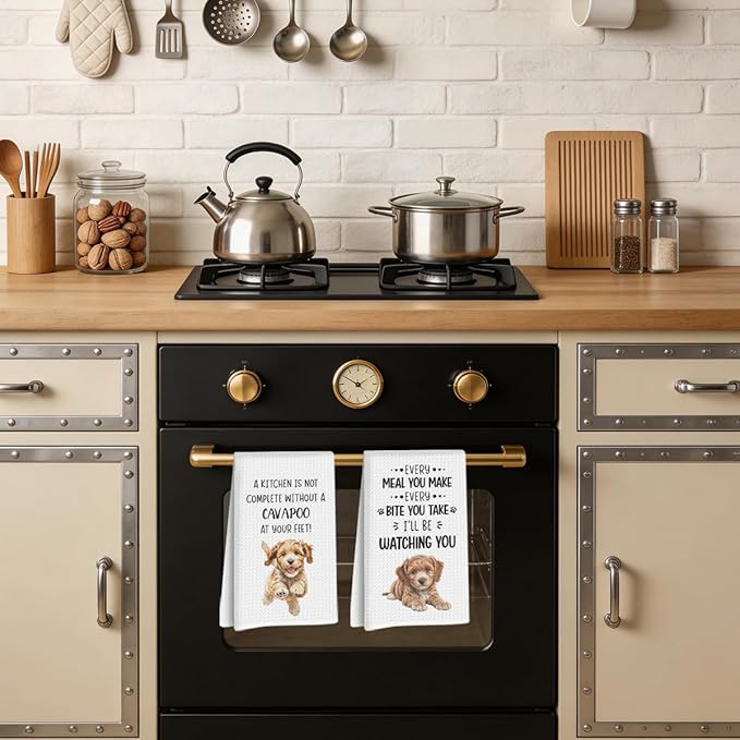 2Pcs Cavapoo Dog Kitchen Towels 24x14 Inch, Cavapoo Gifts Reusable Dish Towels Dishcloths Tea Towel for Kitchen Bathroom Decor, Waffle Weave Absorbent Hand Cloth Towel, Dog Lover Gifts for Women Mom
