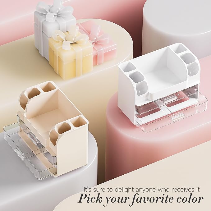 Delamu Large Makeup Organizer Countertop with 6 Brush Holders, Cream White