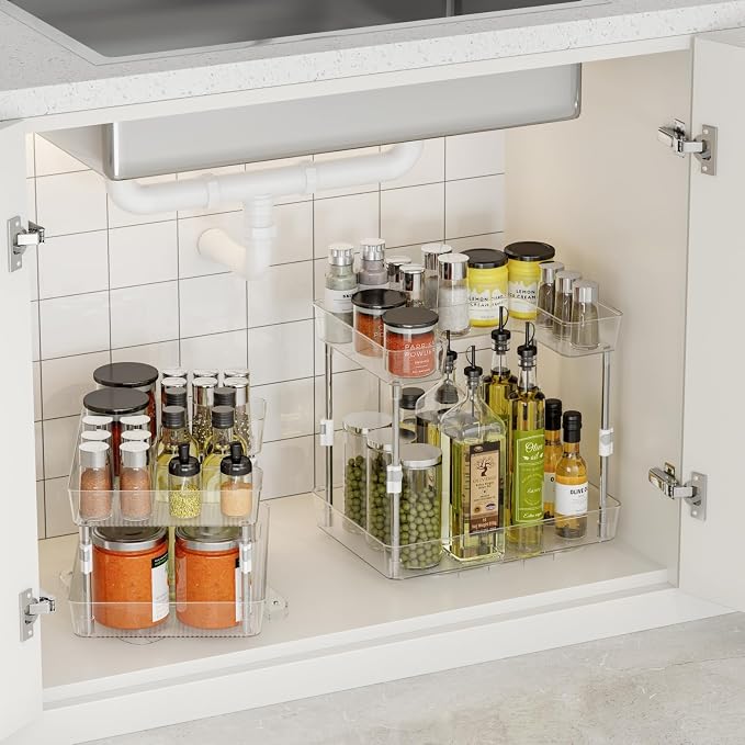 Xicennego Rotating Adjustable Storage Rack – 2-Tier Multi-Purpose Bathroom Under Sink Organizers and Storage - Space-Saving Organizer for Under Sink, Kitchen, Bathroom, Vanity and Fridge(1 Pack)