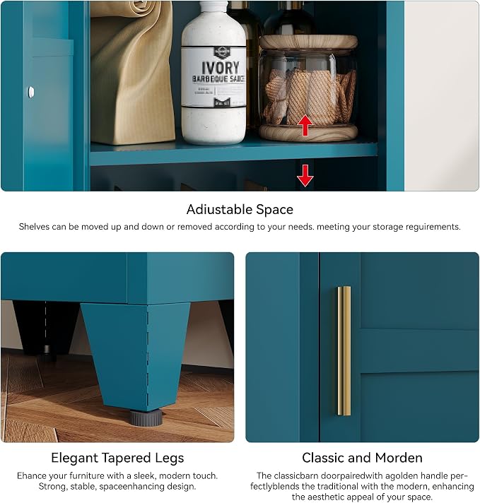 YAUWOH White Narrow Metal Storage Cabinet, Tall Freestanding Cabinet with 4 Adjustable Shelves & Barn Doors, Pantry Organizer for Bathroom Kitchen Home Office Dining Room(1PC,Blue