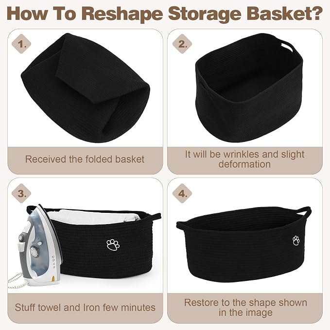 Optish 40L Extra Large Dog Toy Basket, 20" x 14" x 9" XL Toy Storage Box and Bin with Handles, Woven Cotton Rope Foldable Basket for Blankets, Living Room, Bedroom, Home Decor, Black