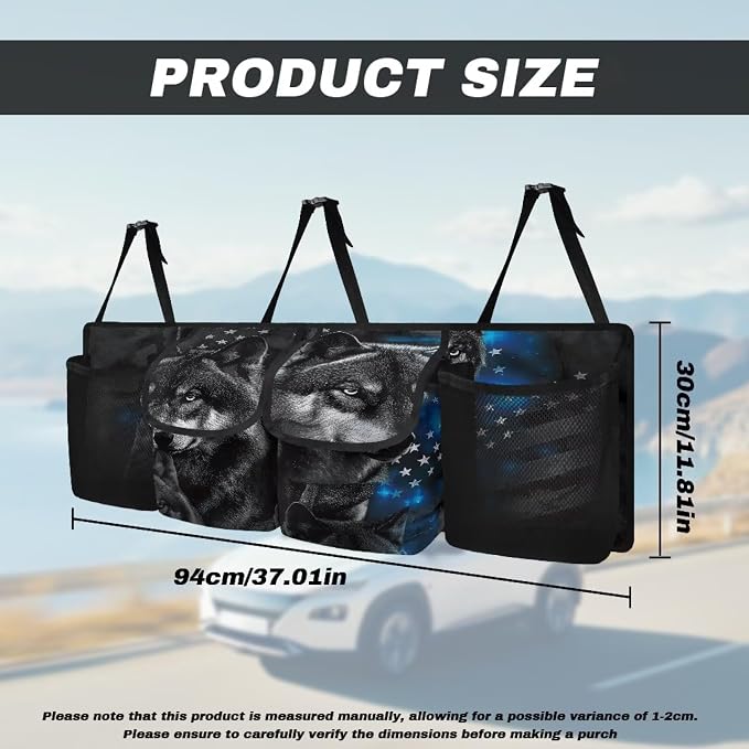 Wolf Theme Car Trunk Organizer for Women Men Car Back Seat Hanging Storage Bag Collapsible Auto Cargo Bag with 4 Large Pockets Auto Interior Accessories