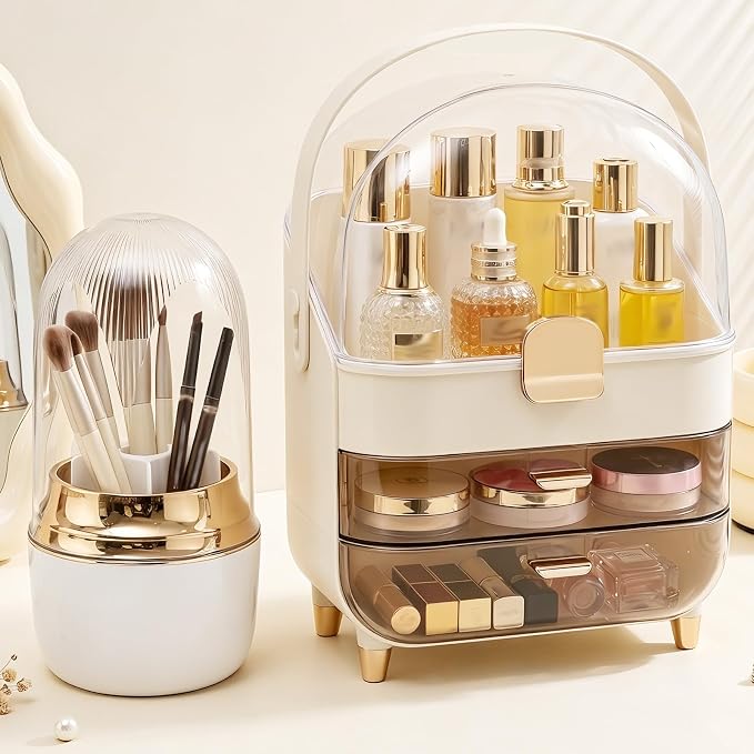 2 Piece Cream Gold Makeup Organizer Set with Dustproof Cover and 3 Drawer Cosmetic Storage Box with Handle for Brushes Perfume Lipstick Skincare Beauty Vanity Countertop Display(Rose Gold)