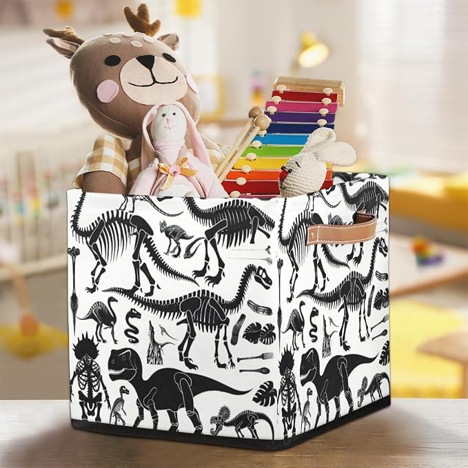 Dinosaur Bone Cube Storage Bin, 13 Inch Collapsible Fabric Storage Cubes Bin, Foldable Cube Baskets for Shelf, Closet, Organizer