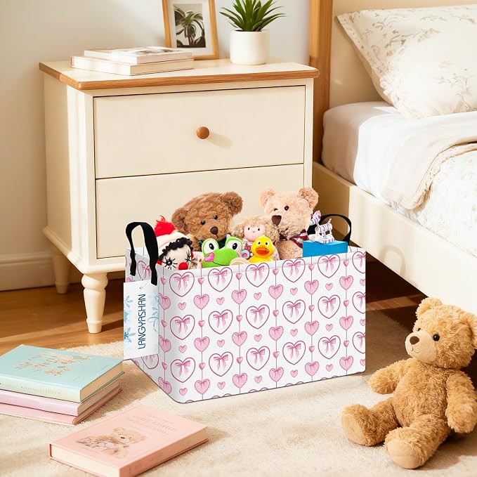 Rectangular Collapsible Pearl Heart Storage Basket Nursery Toy Organizer | Storage Bin Foldable Canvas with Handles for Organizing Home Kitchen Children Toys Office Closet Shelf Baskets