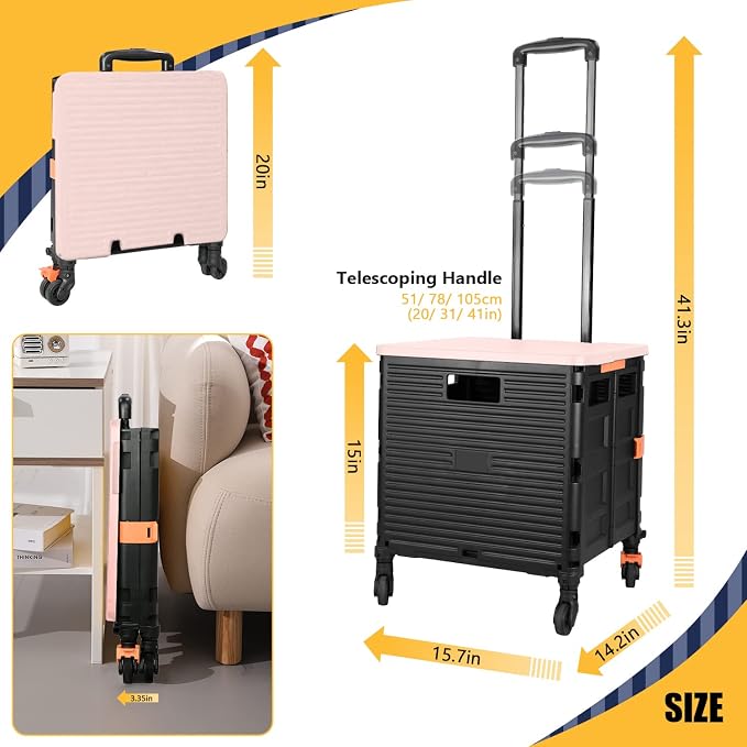 Foldable Utility Cart Collapsible Crate Rolling Carts Handcart Trolley Tool Box Basket 4 360°Noiseless Wheels Lid Telescoping Handle for Shop Grocery Luggage Move Office School Teacher (Pink