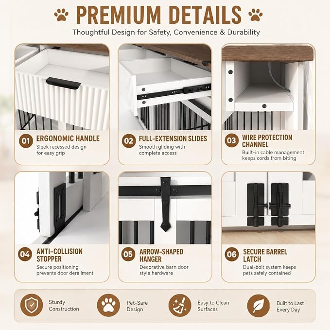 71" White+Walnut Double Dog Crate TV Stand with Charging & Feeder | 3 Fluted Drawers, Rotating Feeder Design, Heavy Duty Frame, for 2 Dogs, Indoor Pet Kennel