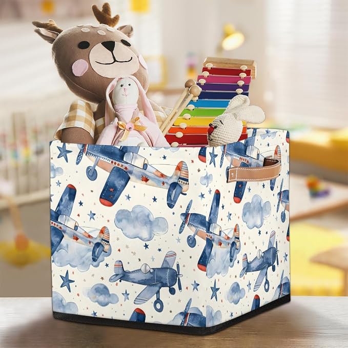Airplane Cube Storage Bin, 13 Inch Collapsible Fabric Storage Cubes Bin, Aircraft Foldable Cube Baskets for Shelf, Closet, Organizer