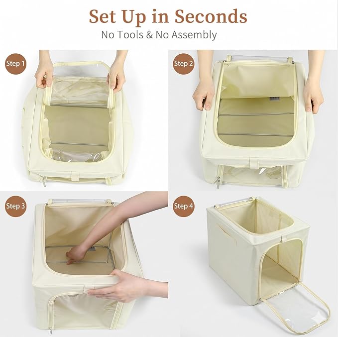 GoMaihe Blanket Storage Bins with Metal Frame for Closet, 55L 6-Pack Beige | Winter Coat Clothing Comforters Bedding, Closet Top Shelf Organizer, Collapse-Proof Stackable, Clear Window Dual Access