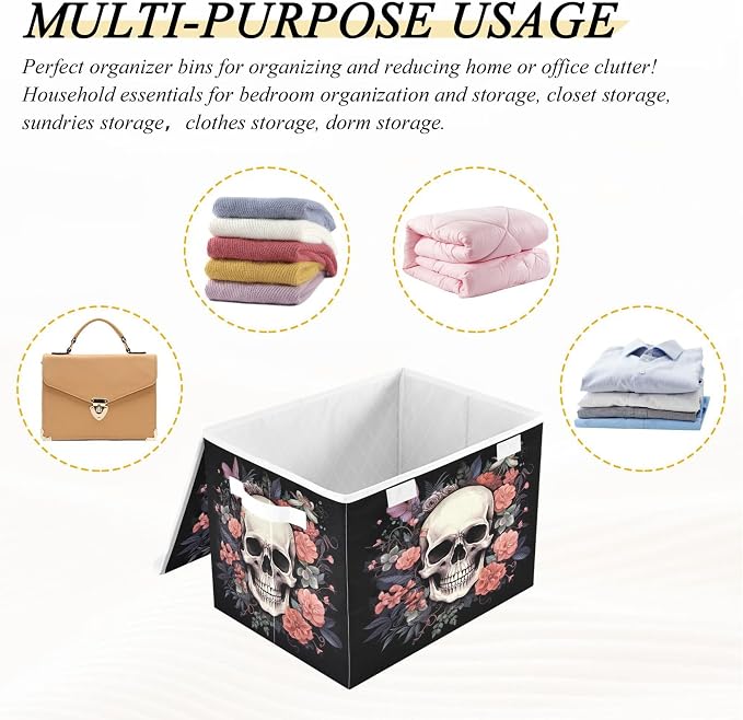 Skull Storage Bins with Lids and Carrying Handle,Foldable Storage Boxes Organizer Containers Baskets Cube with Cover for Home Bedroom Closet Office