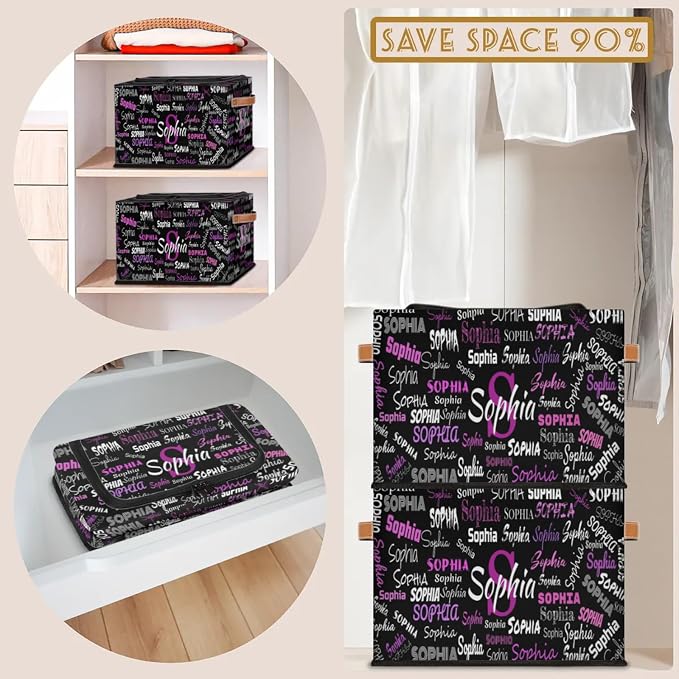Custom Storage Baskets Named with Zipper Lid, Personalized Storage Bins Basket Boxes PU Handles for Clothes Bedroom Closet Organizing Toys Books Shelves, Black Background