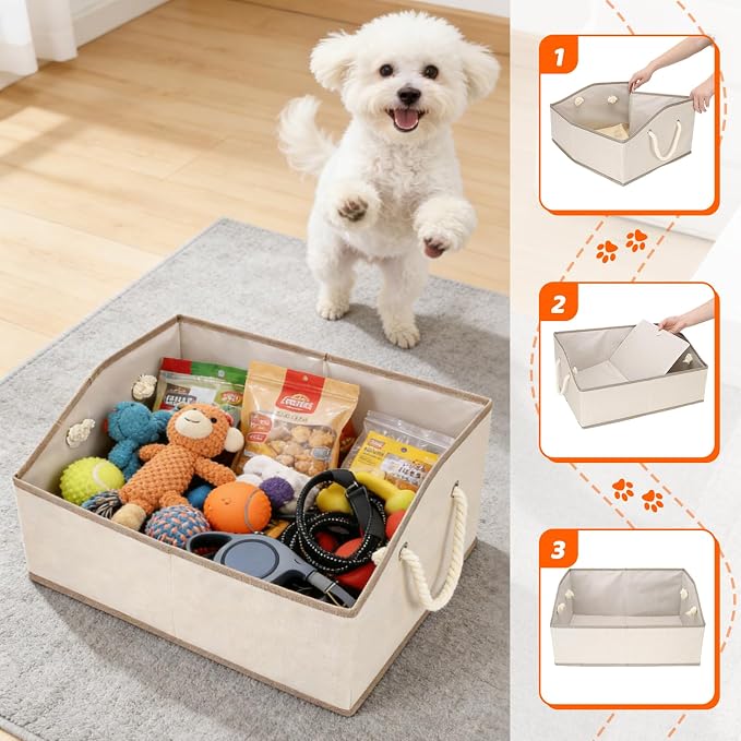 Dog Toy Basket With Handle, Foldable Dog Toy Box for Living Room Area, 20" Basket for Dog‘s Toys, Clothes, Organizers and Storage with Hard Board, Anti-slip for Pet Toys