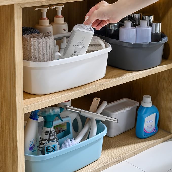 Large Cleaning Supplies Caddy with Handle, Plastic Storage Bucket Organizer for Cleaning Products, Shower Caddy Basket for Car, Dorm, Bathroom, Garden, Kitchen -White