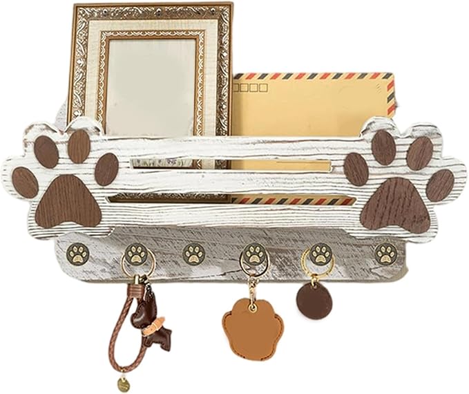 Dog Leashes Hanger Cute Paw Wooden Floating Shelf 6 Hooks | Dog Leashes Organizer for Indoor Home Living Room Kitchen Bedroom Apartment Hallway