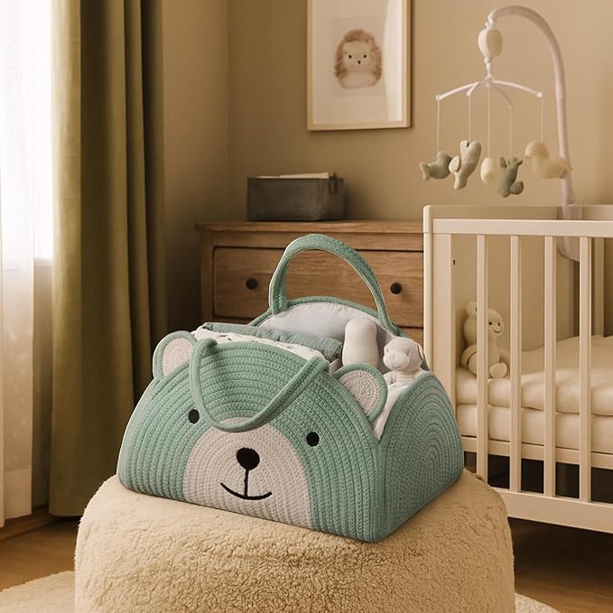 Lmbabter Baby Diaper Caddy Cotton Rope Diaper Organizer Basket Rainbow Theme Nursery Storage Bin Daypack Car Travel (Khaki Bear)