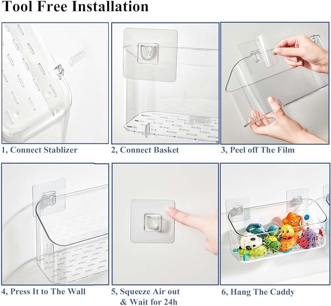 Bath Toy Storage 2 Pack, Large Bathtub Toy Holder Shower Caddy for Bathroom | Clear Bathtub Toy Organizer, No Drill Shower Organizer, Quick Dry Bath Tub Toy Net Basket Bin for Baby Toddler Kids