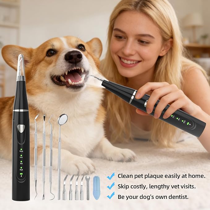 Plaque Remover for Teeth, Pet Ultrasonic Cleaner, Dog Plaque and Tartar Remover with LED Light, Dog Teeth Cleaning Dental Care Kit for Tartar and Stains, Suitable for Dogs and Cats (Black-1)