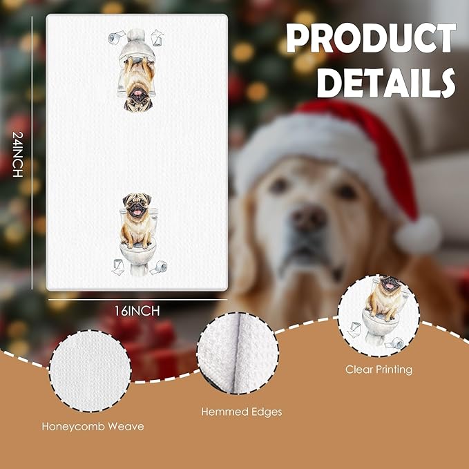 Pug Decor Kitchen Towels, Set of 3, 16x24 Inch, Cotton, Rustic, Absorbent & Quick-Drying, Multi-Purpose, Gift Idea