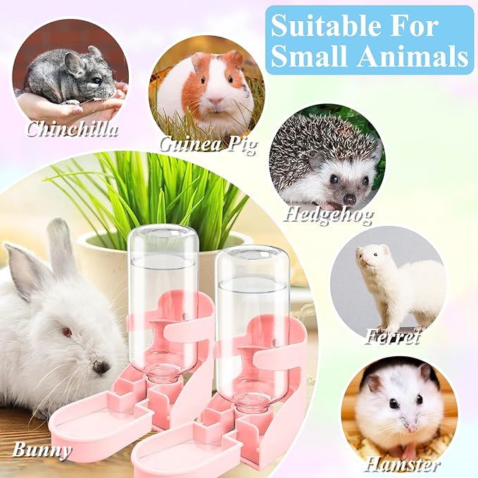kathson 2 PCS Rabbit Water Dispenser for Cage 17 Oz Hanging Guinea Pig Water Bottle No Drip Gravity Automatic Bunny Water Bottle No Leak Small Animal Water Bottle for Chinchilla Ferret Hamster(Pink)