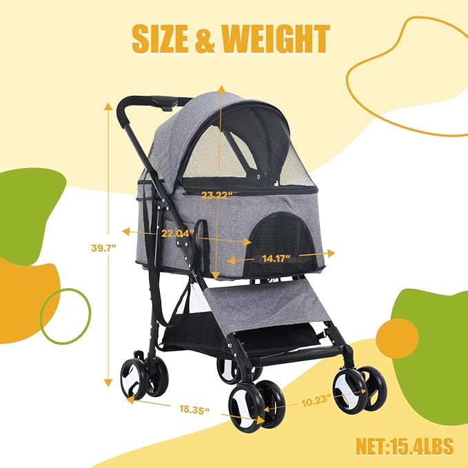 Dog Stroller 3-in-1 Folding Dog Stroller for Medium Small Dogs Pet Stroller Cat Stroller 4 Wheels with Detachable Carrier Storage Basket Waterproof Lightweight for Travel,Grey