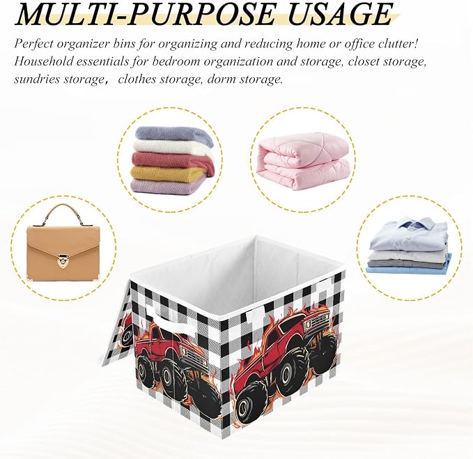 Red Truck Car Fabric Storage Bins with Lid Closet Storage Basket 40L | Decorative Storage Boxes, Foldable & Stackable, Dust-Proof Flip Top, Reinforced Handles, For Home & Dorm, Clothes & Toy Box