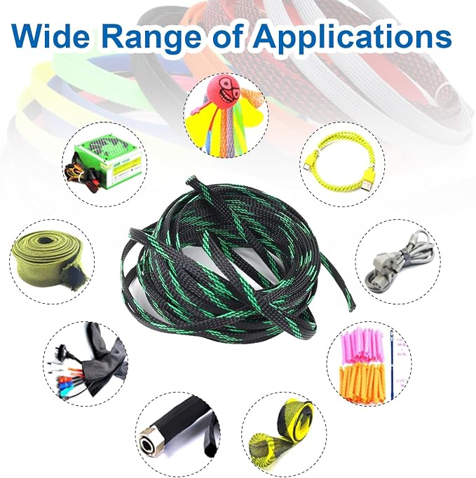 Heyiarbeit 10m/32.8ft PET Expandable Braid Cable Sleeving Flexible Wire Mesh Sleeve Black Fluorescent Green 6mm