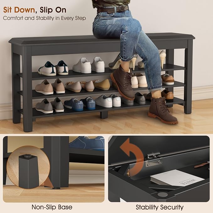 IUNVR Shoe Rack Bench Seat Rubberwood 3-Tier Wooden Storage Bench 550lbs Compact Mid-Century Modern Design for Entryway, Hallway, Closet, Front Door Entrance, Foyer