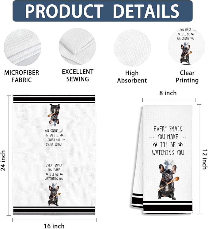 Chef French Bulldog Kitchen Towels Set of 2, Dog Mom Gifts for Women, Gifts for French Bulldog Lovers Dish Towels Dishcloths Tea Towels for Kitchen, Dog Gifts for Women, 16x24 Inch