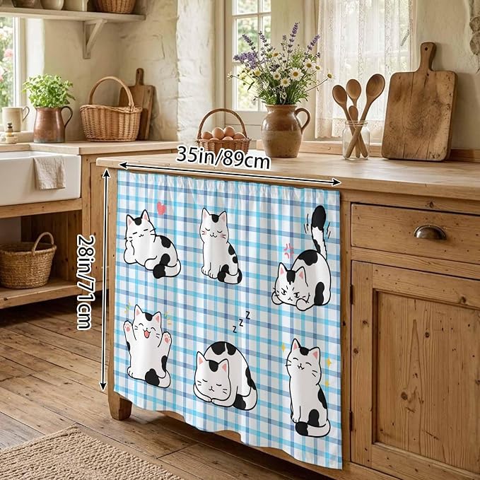 Cute Cat Oven Skirt Curtain for Kitchen Decor 28"x35", Modern Playful Pet Cats Blue Purple Plaid Self Adhesive Stove Curtains Skirt Cabinet Curtains for Bathroom Laundry Room