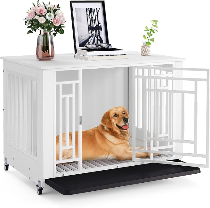 DWVO 38 Inch Dog Crate Furniture with Wheels & Removable Tray | Dog Kennel Indoor Heavy Duty End Table for Large Medium Dogs, Decorative Wooden Dog Cage Table, Chew-Resistant, White