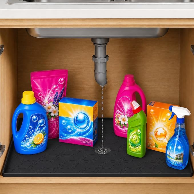 34"x22" Waterproof Cabinet Protector Silicone Under Sink Tray(Black) | Thick Silicone Under Sink Drip Tray with Protective Lip, Flexible Anti-Slip Mat for Kitchen, Bathroom, Laundry & RV