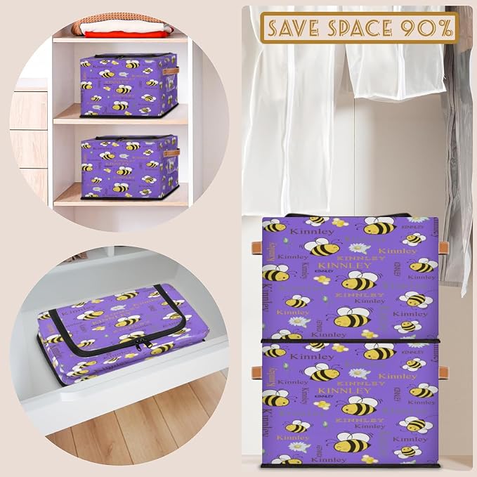 Custom Rectangle Storage Basket Zipper Lid, Personalized Name Medium Purple Organizer Bin for Pet/Children Toys, Books, Clothes, Perfect for Rooms/Playroom, Bee with Daisy Floral